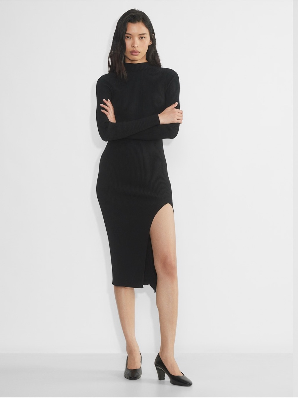 Aritzia Alchemy Black Ribbed Long Sleeve Midi Dress with Side Slit